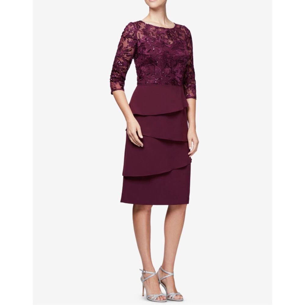 Alex Evenings Sequin Lace Bodice & Asymmetrical Tiered Skirt Dress
